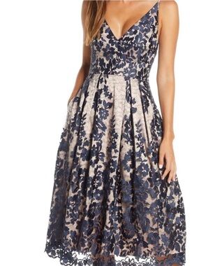 Eliza J Navy Lace Fit & Flare Midi Dress with Tulle Wedding Guest NWT